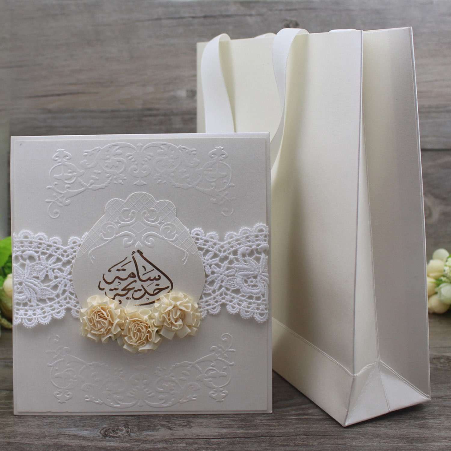 Embossing Invitation Card Handmade Invitation with Hand Bag Wedding Invitation Customized 